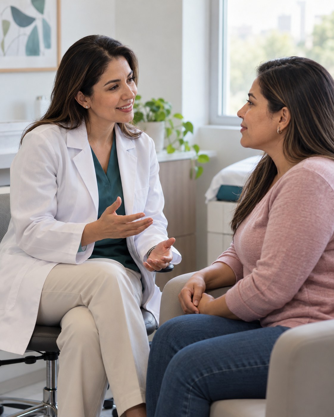 Imagen ilustrativa de una doctora conversando con una paciente en una consulta de salud mamaria.