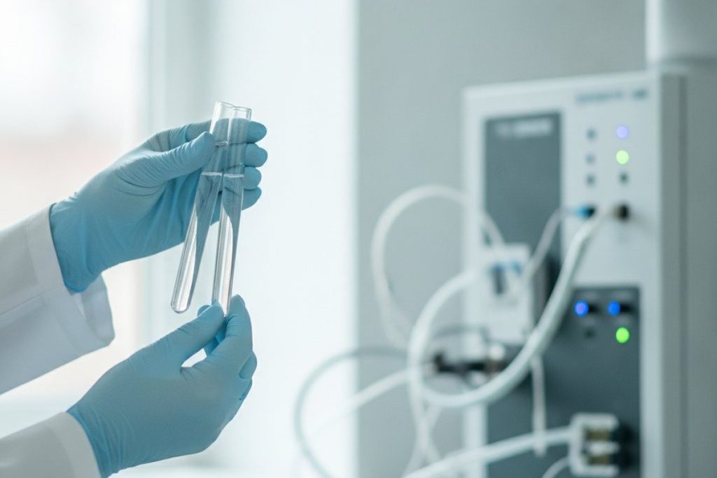 Manos con guantes sostienen tubos de ensayo frente a un equipo de laboratorio. Imagen ilustrativa.