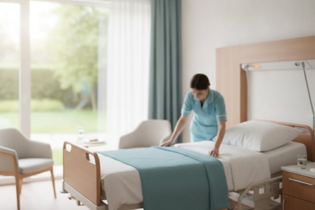 Habitación hospitalaria con cama y ventanal con luz natural, mientras una enfermera acomoda la ropa de cama. Imagen ilustrativa.
