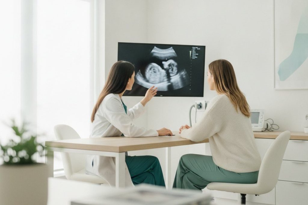 Consultorio médico luminoso donde una doctora y una paciente observan una imagen de ecografía en un monitor. Imagen ilustrativa.