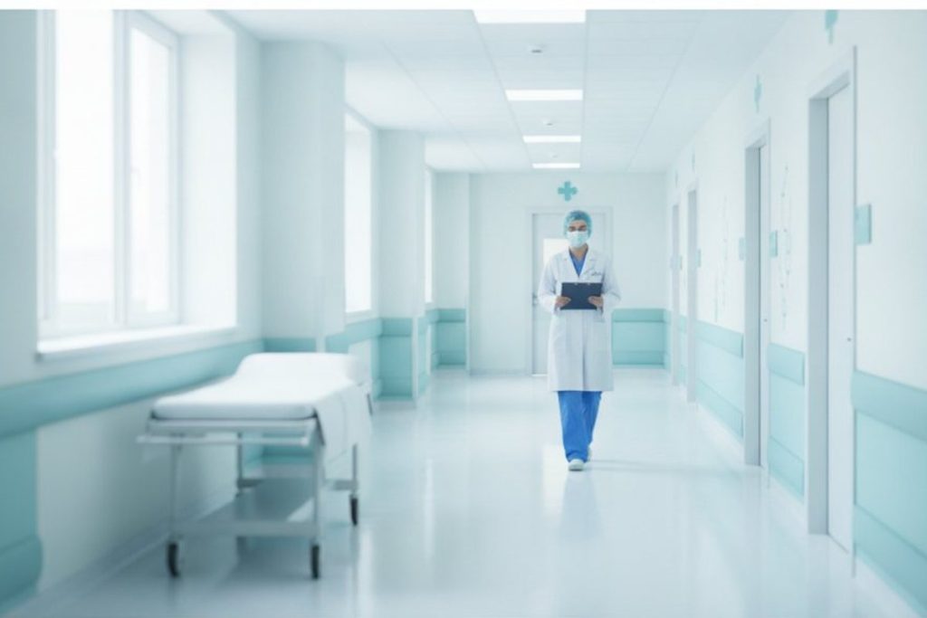 Pasillo de urgencias hospitalarias con una camilla y una profesional de salud caminando con una carpeta. Imagen ilustrativa.